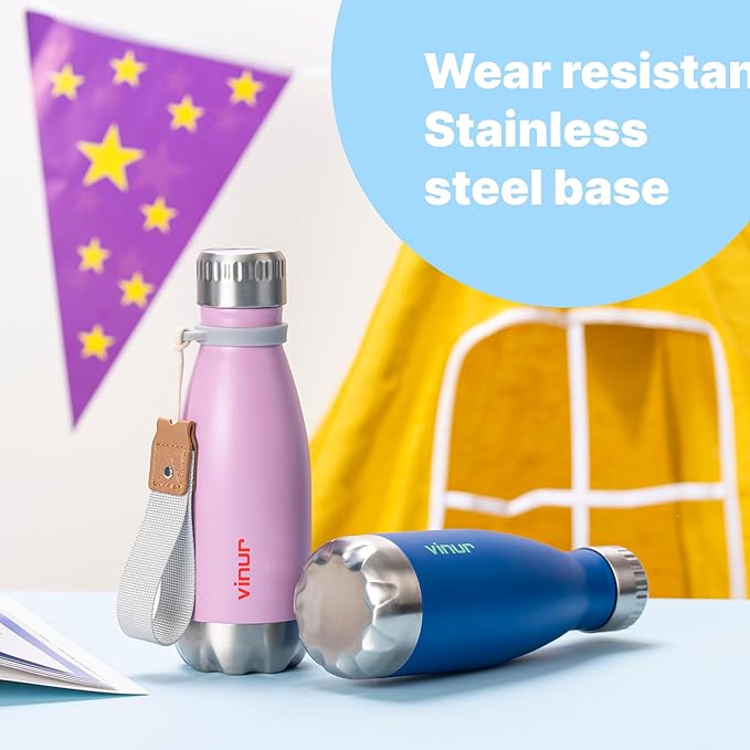 VINUR Kids Leak Proof Water Bottle-9 oz Stainless Steel Double Wall Vacuum Insulated Water Bottle for School-Cola Shape Flask with Carry Rope(Navy)