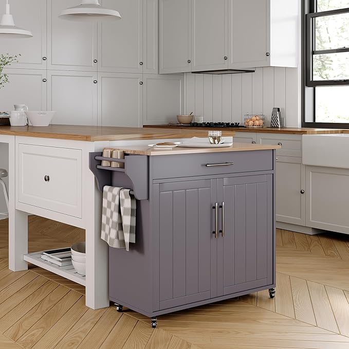 Wood Kitchen Island with Storage, Wooden Rolling Kitchen Island On Wheels with Countertop, Mobile Kitchen Island Cart with Towel Rack, Spice Rack, Adjustable Shelf and Drawers, Grey