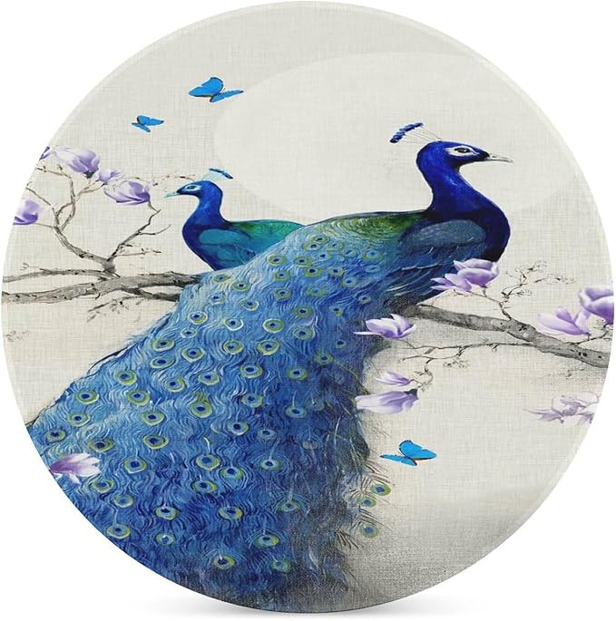 Peacock Drink Coasters, Round Ceramic Drink Coaster Round-4PCS, Vintage Style Beautiful Blue Peacock Floral Decor Absorbent Ceramic Coasters for Beverage Cup, Bar, Coffee Table