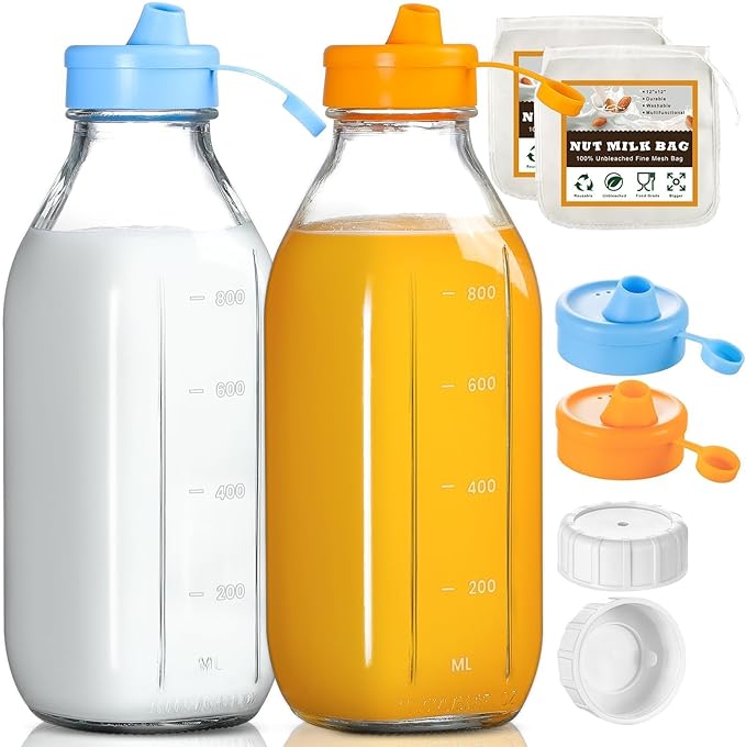 2 Pack 32 OZ Glass Milk Bottles with 2 Pour Spout Lids & 2 Nut Milk Bags & 2 Airtight Caps, Reusable Glass Bottles, Breast Milk Pitcher, Syrup, Honey, Water Jug, Juice Container for Refrigerator