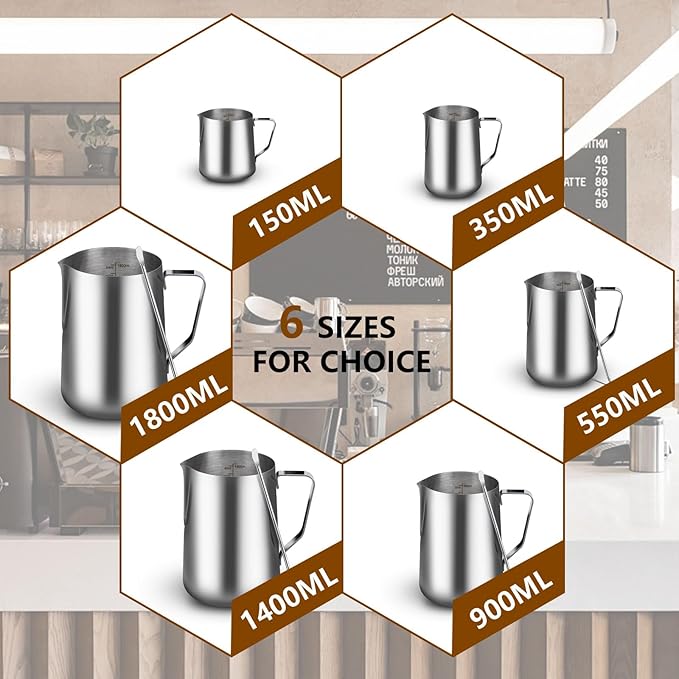 12oz Milk Frothing Pitcher-Stainless Steel Steaming Jug for Espresso, Cappuccino & Coffee-Heat-Resistant, Dripless Spout, Measurement Scale, Dishwasher Safe (350ml/12oz)