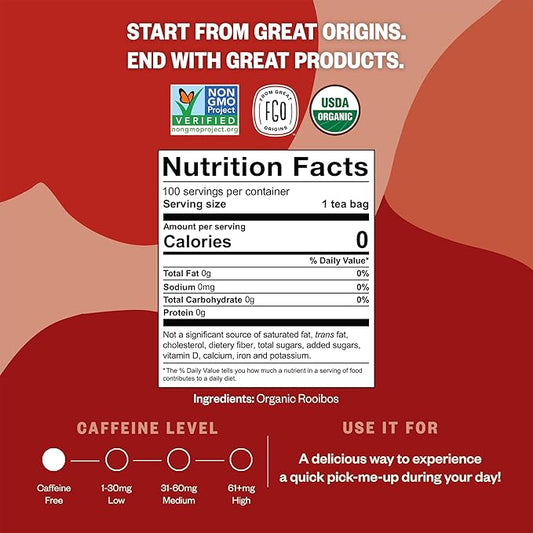 FGO Organic Rooibos Tea, 100 Count, Eco-Conscious Tea Bags, Caffeine Free, Packaging May Vary (Pack of 1)