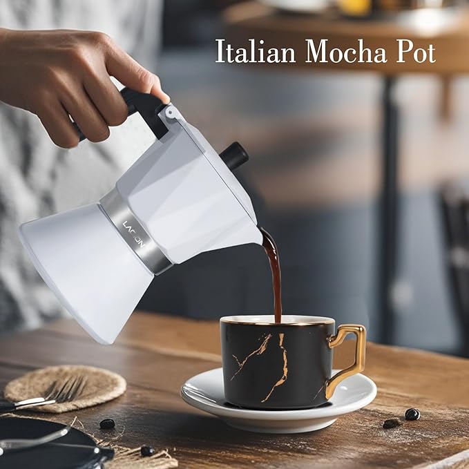 LAOION Moka Pot, 6-Cup Espresso Maker, 300ml Portable Stovetop Espresso Maker, Percolator Coffee Pot Compatible with Induction Cooktops, Suitable for Home and Camping (White)