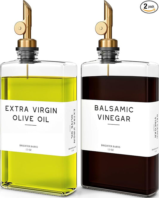 Glass Olive Oil Dispenser Bottle for Kitchen by Brighter Barns - Coffee Syrup Dispenser, Oil and Vinegar Bottle - Modern Kitchen Essentials for Restaurants, Coffee Bar, Airbnb (Clear/Gold, Set of 2)