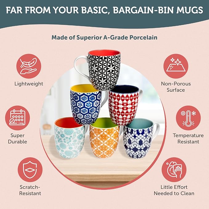 Annovero Large Coffee Mug Set of 6 - Porcelain Cups for Women or Men - Microwave & Dishwasher Safe, Chip Resistant, Zero Lead & Cadmium, for Tea, Cocoa, or Hot Chocolate, 16 Fluid Ounce Capacity
