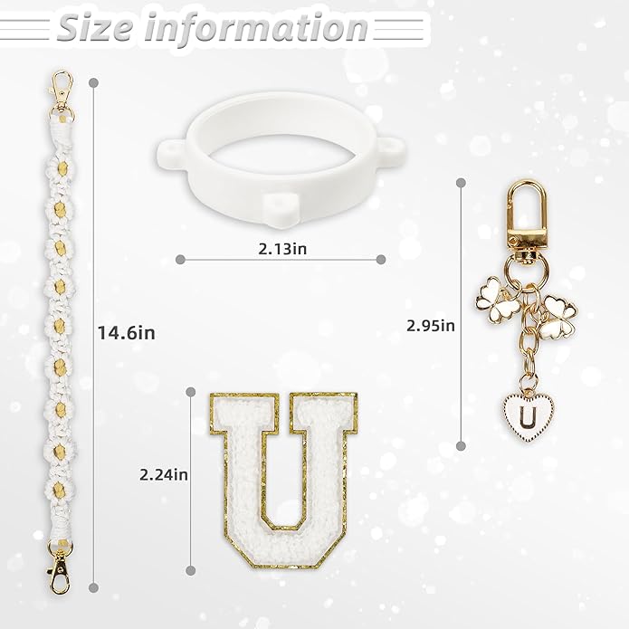 Compatible with Owala Water Bottle Accessories, Cute Letter Charm Set with Boho Handle Strap, Monogram Sticker, Silicone Ring, Keychain Decoration, for FreeSip 24 32 40oz, Owala Kids, Tumbler Gift