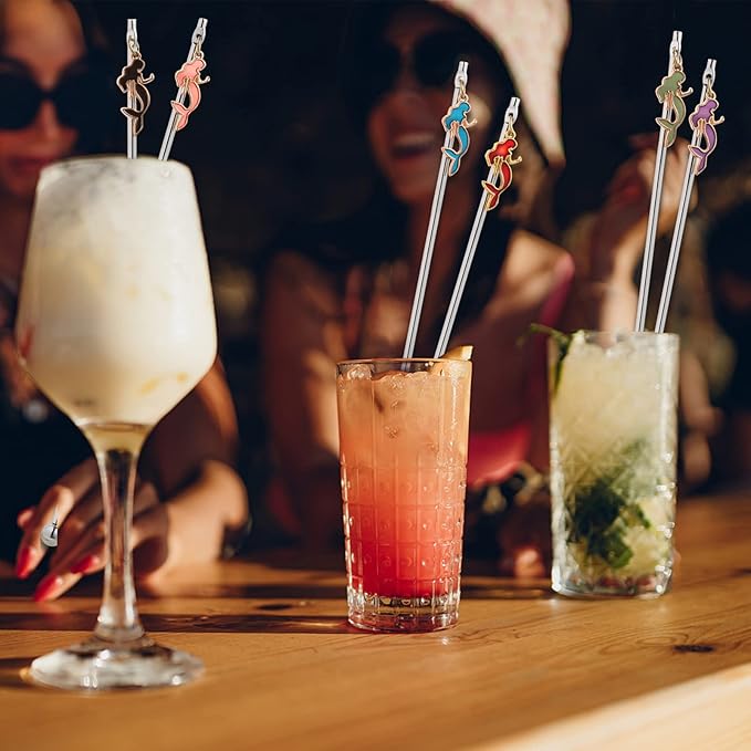 6 Pcs Cocktail Stirrers Swizzle Sticks Stainless Steel 7.5" Coffee Beverage Stir Sticks with Mermaid Charms Pendants for Mixing Cocktail