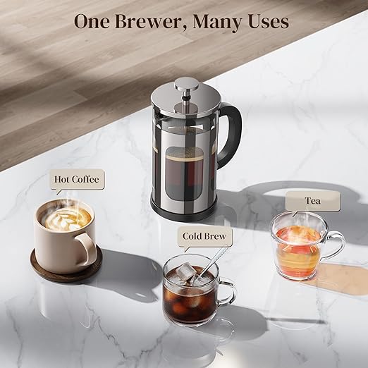 Veken French Press Coffee Maker, Heat Resistant Thickened Borosilicate Glass,Stainless Steel Brewer,Single Serve Small Pot, Cold Brew Cafetera Teapot for Kitchen Travel Camping, 21oz 0.6 L,Dark Pewter