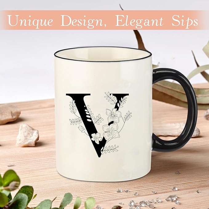 Monogram Ceramic Coffee Mugs, 11 oz Initial Drinking Cup with Gift Box, Unique Birthday Valentines Day Gifts for Women Wife Mothers Day Grandma Mom Aunt, V