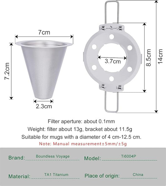 iBasingo Titanium Coffee Filter Pour Over Coffee Dripper with Foldable Holder Metal Cone Filter Paperless Reusable Portable for Home, Work, Outdoor Travel, Camping Ti6004P