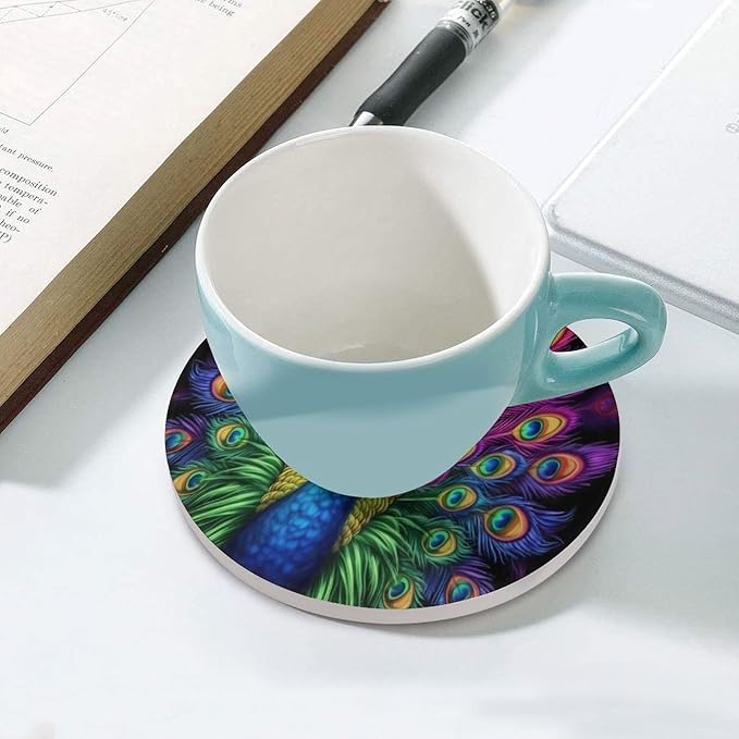 Round-6PCS Peacock Ceramic Coasters, Round Absorbent Drink Coasters, Vintage Country Beautiful Colorful Peacock Ceramic Table Coasters for Coffee, Beverage, Wine, Beer Coasters