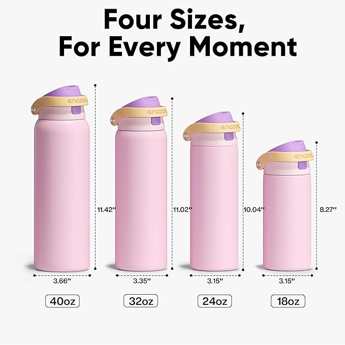 ENCOOL Leakproof Insulated Water Bottle with Straw Dual-Sip Water Bottle Bag-Safe Design for Work, Commute & Gym – Keeps Drinks Cold All Day, 18 oz, Peach Purple