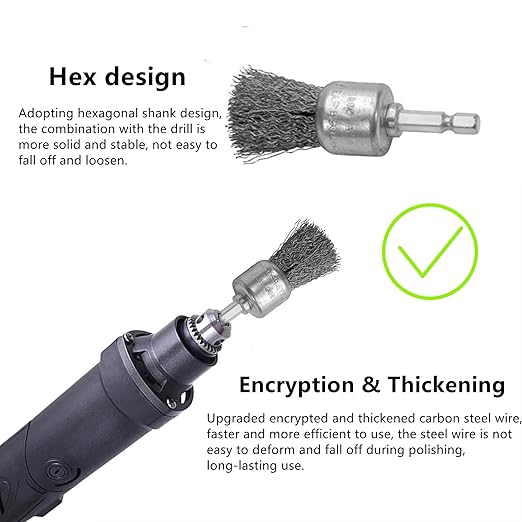 Abrasive Wire Pen Brush Set for Drill - 1/4 Inch Hex Shank 1 Inch Wire Pen Brush - Stainless Steel Crimped Carbon Steel Brush for Rust,Cleaning,Deburring,Removing Paint-2pcs
