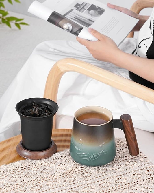 ZENS Embossed Ceramic Tea Mug with Infuser and Lid, 14.5 oz Wooden Handle, Loose Leaf Tea Steeper Cup & Strainer for Tea Lovers Gifts