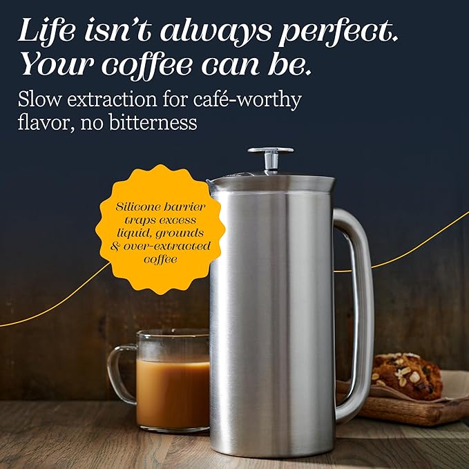 ESPRO P7 Brushed Stainless Steel French Press 304 – Patented Double Walled Micro-Filter Insulated French Press Coffee Maker, Grit-Free Brew - Heat Resistant BPA Free (32oz)