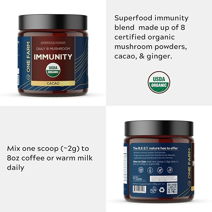 Organic 8 Mushroom Immunity Powder, Non-GMO - Turkey Tail, Chaga, Cordyceps, Shiitake, Reishi, Maitake, Lion's Mane, and Mesima - Vegan Mushroom Supplement in a Resealable Glass Jar