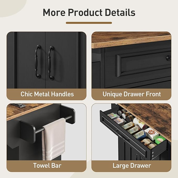 Kitchen Island with Power Outlets & Drop Leaf, Rolling Kitchen Cart on Wheels, Kitchen Storage Island with Spice Rack and Drawer for Kitchen, Dinning Room, Black and Rustic Brown