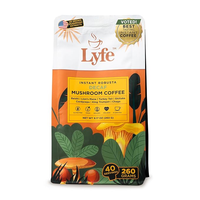 LYFE Organic Instant Decaf Mushroom Coffee, 40 Servings – Lion’s Mane, Chaga, Cordyceps & Turkey Tail | Adaptogenic Blend for Energy, Focus & Wellness | Natural Superfood Coffee for Daily Vitality
