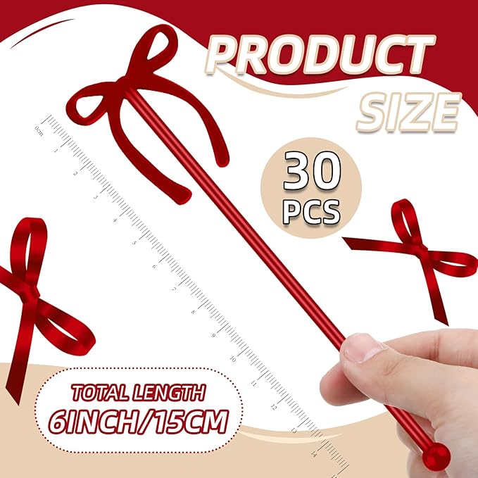 30 Pcs 6 Inch Valentine Party Stirrers, Bow Stir Sticks Coffee Stirrers Reusable Plastic Swizzle Sticks for Wedding Birthday Bridal Cocktail Decorations Galentines Supplies(Burgundy)