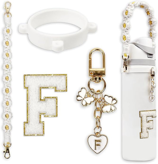 Compatible with Owala Water Bottle Accessories, Cute Letter Charm Set with Boho Handle Strap, Monogram Sticker, Silicone Ring, Keychain Decoration, for FreeSip 24 32 40oz, Owala Kids, Tumbler Gift