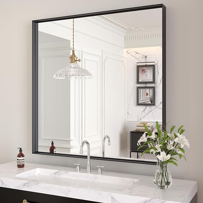 LOAAO Black Bathroom Mirror 30"X30" for Wall, Rectangle Bathroom Vanity Mirror, Tempered Glass, Hangs Vertically or Horizontally, Easy to Install, Modern Design