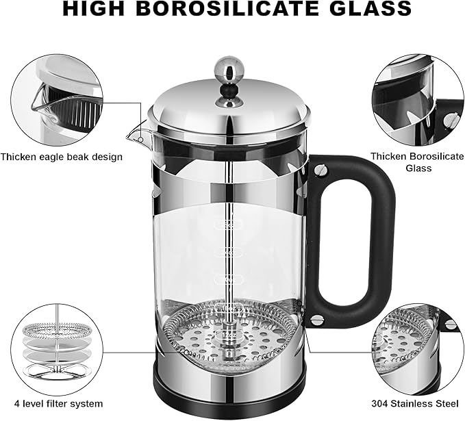 YMMIND 34 Ounce French Press Coffee Maker Chromium Stainless Steel Coffee Press, with 4-Level Filter System, Heat Resistant Thickness Borosilicate Glass, BPA-Free Brewed Coffee Pot for Camping Gifts