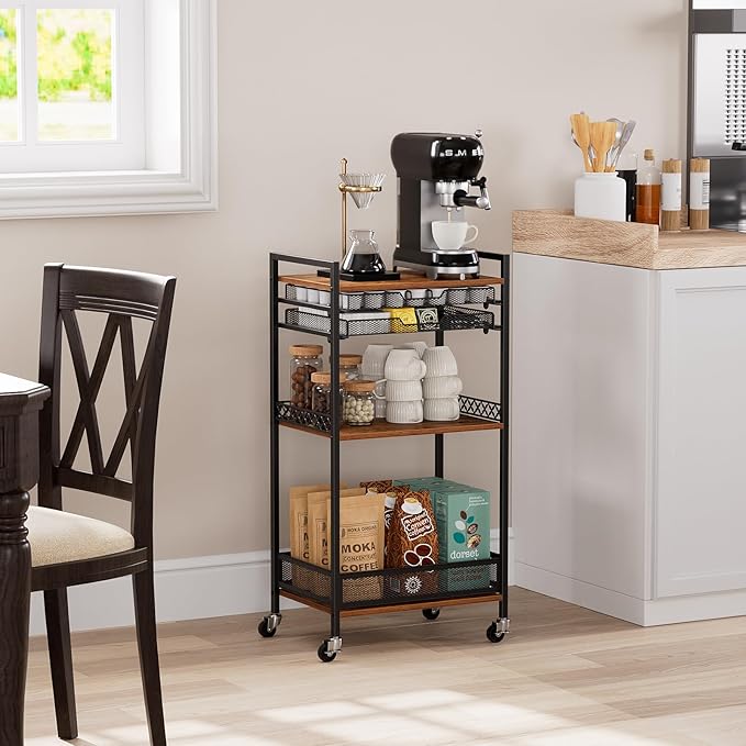 K Cup Holder Cart, Coffee Station Organizer for Nespresso Vertuo Capsule and K Cup Capsule, Multi-Functional Coffee Bar Cart Accessories Organizer with Wheels for Living Room, Kitchen