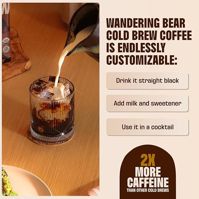 Wandering Bear Straight Black Organic Cold Brew Coffee On Tap, Iced Coffee Drink - Extra Strong, Smooth, No Sugar Added, Shelf-Stable, Ready to Drink & Vegan, 100% Organic - 16 Servings of 6fl.oz - 96fl.oz