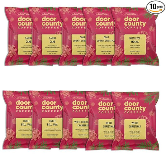 Gourmet Flavored Holiday Coffee Sampler Pack - 10 Bags of Unique Flavored Coffees – 100% Specialty Grade 1 Arabica -1.5 oz Full-Pot Bags - Roasted by Door County Coffee