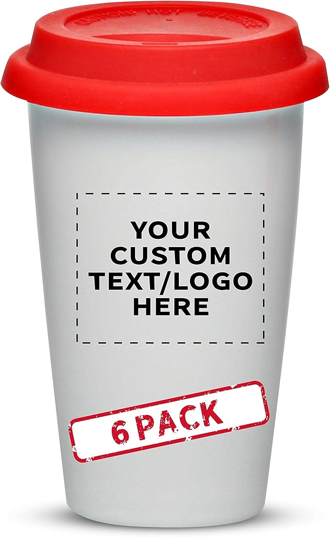 Personalized 11 oz. Double Wall Ceramic Tumblers with Lid - 6 Pack - Custom Text, Logo - Red