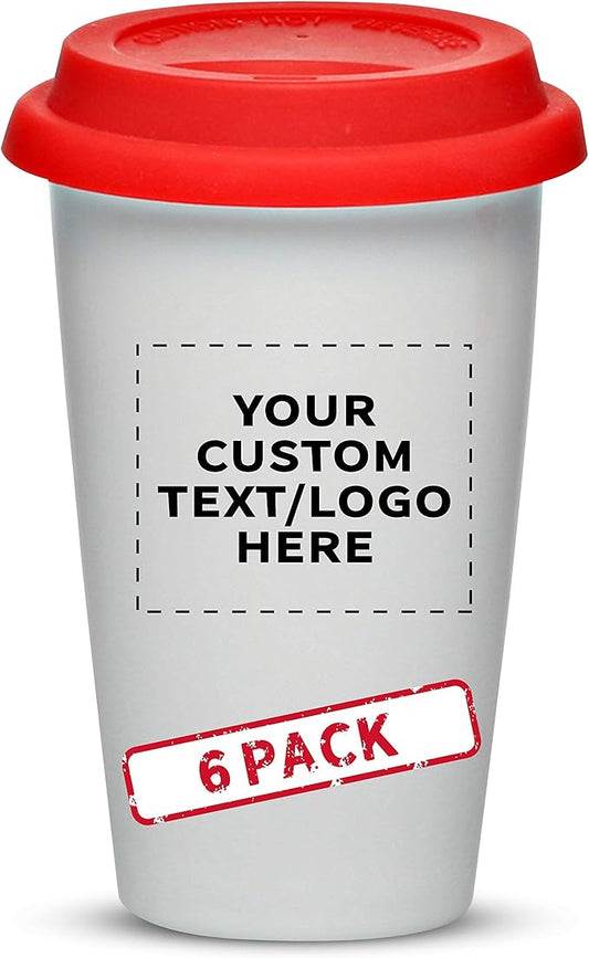 Personalized 11 oz. Double Wall Ceramic Tumblers with Lid - 6 Pack - Custom Text, Logo - Red