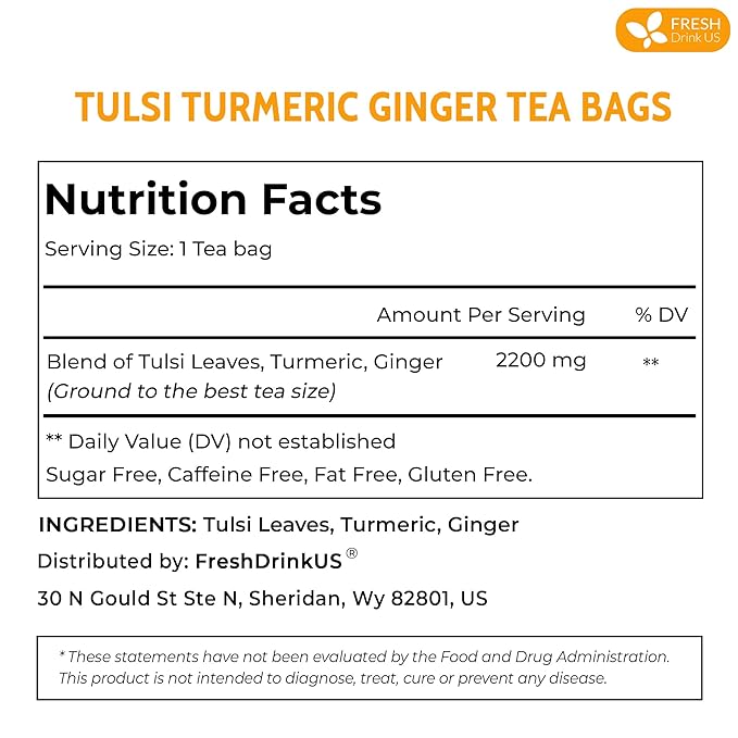 FreshDrinkUS, Premium 35 Tulsi Turmeric Ginger Tea Bags, 100% Natural & Pure from Tulsi Holy Basil Leaves, Turmeric and Ginger. Made with Natural Material Tea Bags. No Sugar, No Caffeine, Vegan.