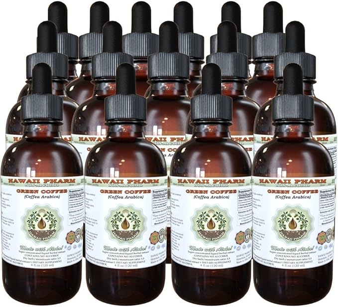 Hawaii Pharm Green Coffee Alcohol-Free Liquid Extract, Green Coffee (Coffea Arabica) Dried Bean Glycerite Natural Herbal Supplement 15x4 oz