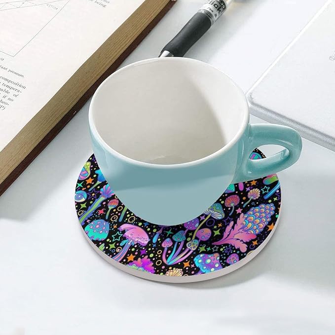 Botanical Drink Coasters, Round Ceramic Drink Coaster Round-4PCS, Psychedelic Fantasy Magic Colorful Trippy Botanical Mushrooms Decor Absorbent Ceramic Coasters for Beverage Cup, Bar, Coffee Table