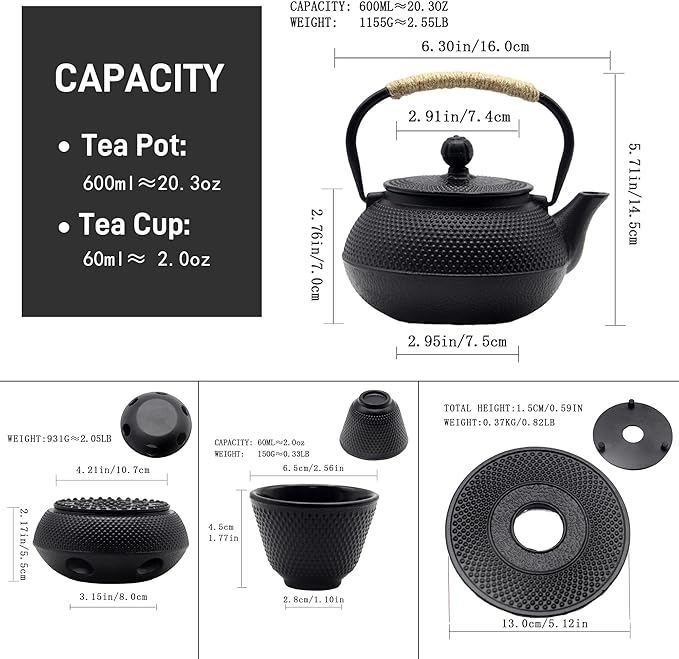20.3oz Small Cast Iron Teapot Set with Warmer, Japanese Black Tea Kettle for Stovetop Safe, Teapot and Cups Set, Tea Pot with Stainless Steel Infuser for Loose Tea(600ml)