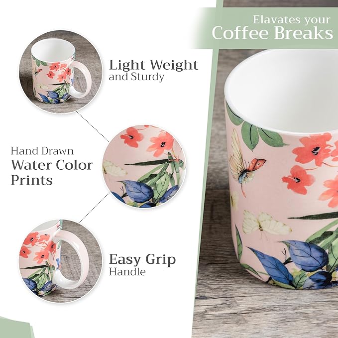 Maison d' Hermine Coffee Mug with Handles Fine Bone China Mugs Pack of One Tea Cups for Hot Beverages Cappuccino Latte Home Restaurant Office Perfect for Gift (Canne - Fargesia, 12 Ounce)