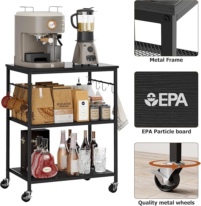 3-Tier Rolling Kitchen Microwave Cart, Kitchen Utility Cart on Lockable Wheels, Coffee Bar Table Station with 6 S-Shaped Hooks, Small Appliance Storage Shelf, Black