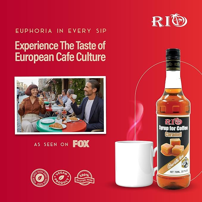 RIO Caramel Syrup for Coffee, Perfect for Hot or Iced Drinks, Rich, Sweet & Buttery Caramel Coffee Flavoring for Lattes, Macchiatos & Desserts, Barista-Grade Syrups for Home & Work - 700ml