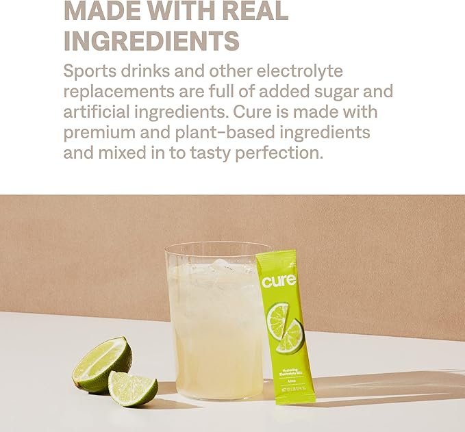 Cure Hydration | Plant-Based Electrolyte Drink Mix | No Added Sugar | FSA-HSA | Dehydration Relief Powder Made with Coconut Water | Non-GMO | Vegan | Box of 8 Packets - Lime