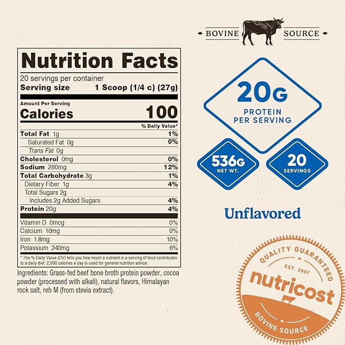 Nutricost Beef Bone Broth Protein Powder Chocolate (20 Servings) - Gluten-Free, GMO-Free