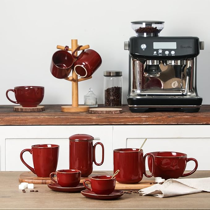 vicrays Ceramic Coffee Mug Set - 18 Ounce Large Stoneware Mug for Men Women - Unique Glazed Porcelain Mugs with Handle for Coffee Latte Tea Milk Cocoa - Set of 4 (Cherry Red)