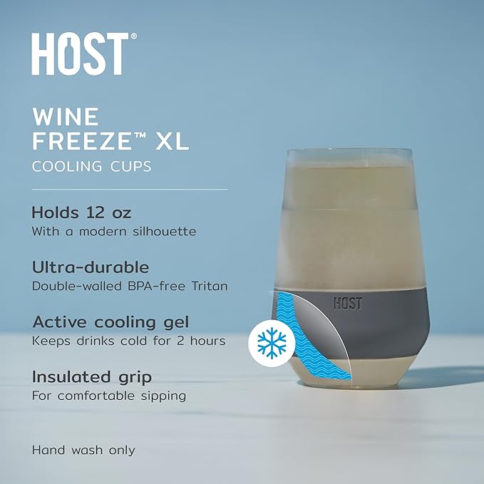 HOST Freeze XL Wine Glass Cooling Cup, Double Walled Insulated Freezable Drink Chilling Tumbler for Aperol Spritz 12 Ounces, Grey Set of 2