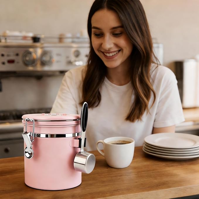 ShanSon Coffee Canister Airtight Coffee Container Stainless Steel Coffee Bean Storage Container with Scoop Coffee Canister for Beans Grounds Sugar Flour Tea Cereal,22OZ, Pink Upgraded Version
