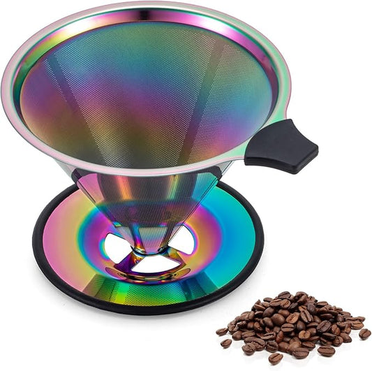 【2.0 Upgraded】 Stainless Steel Pour Over Coffee Filter, Paperless Reusable Coffee Dripper With Non-Slip Ring&Handle, Easy-to-Use and Easy-to-Clean Design, Large Size (1–6 Cup)