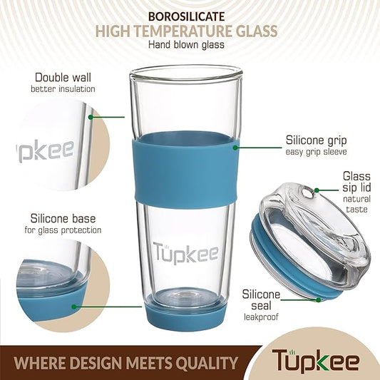 Tupkee Double Wall Glass Tumbler - 14-Ounce, All Glass Reusable Insulated Tea/Coffee Mug & Lid, Hand Blown Travel Mug - Niagara