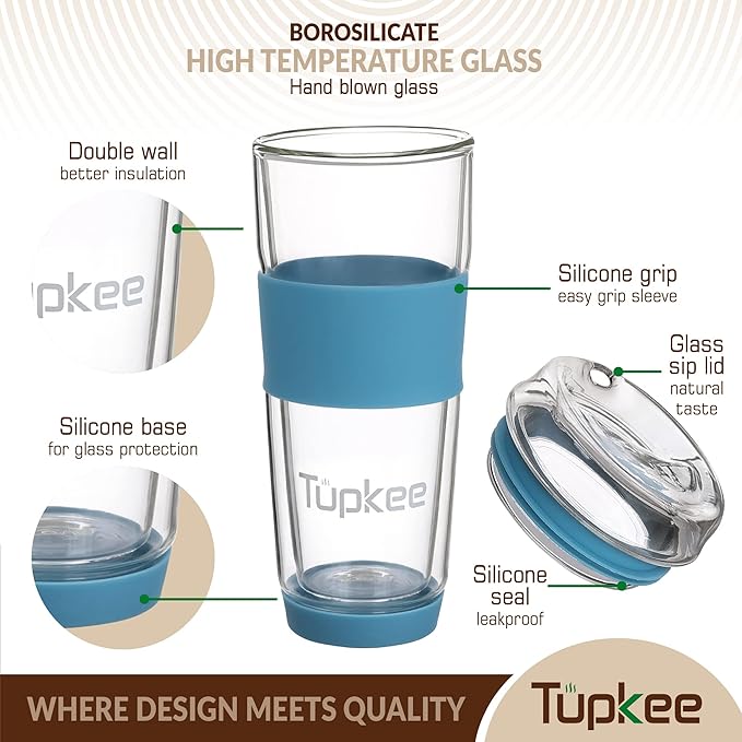 Tupkee Double Wall All Glass Tumbler - 14-Ounce, Reusable Insulated Tea/Coffee Mug & Lid, Hand Blown Glass Travel Mug - Niagara - 2 Pack