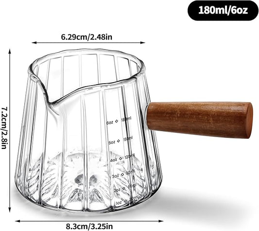Espresso Measuring Cup 6 Oz, Espresso Glass Cups with Wood Handle, Milk Frothing Cup, Espresso Cup for Coffee, Milk, Tea or Maple Syrup Serving
