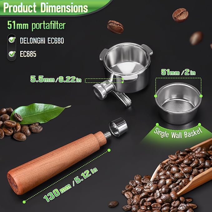 51mm 3 Ear Portafilter for DeLonghi EC680/EC685 - Stainless Steel Dual Spout Handle with Precision Basket,Siam Rosewood Grip