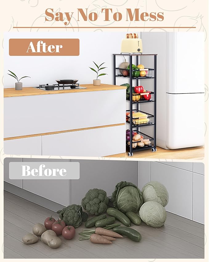Mythinglogic 5-Tier Rolling Fruit Vegetable Storage Cart with Pull-Out Baskets, Metal Kitchen Organizer, Heavy Duty Utility Rack with Wheels for Pantry, Living Room, Kitchen