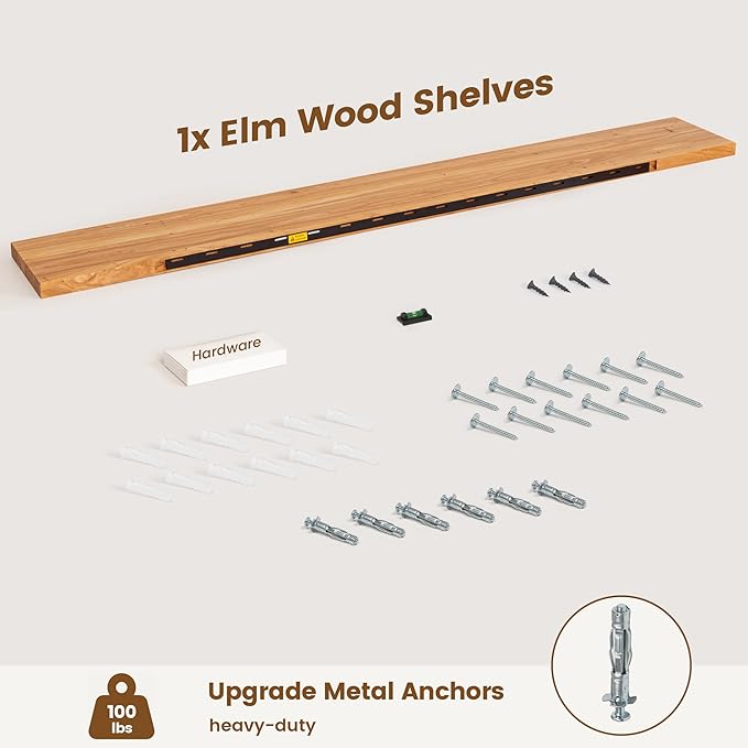 Reclaimed Elm Wood Floating Shelf for Wall, Flat Edge 72" W x 9.2" D x 1.4" H, Large Invisible Wall Mounted Shelf for Living Room Bedroom Kitchen Bathroom Decor, Natural Finish 1 Pack